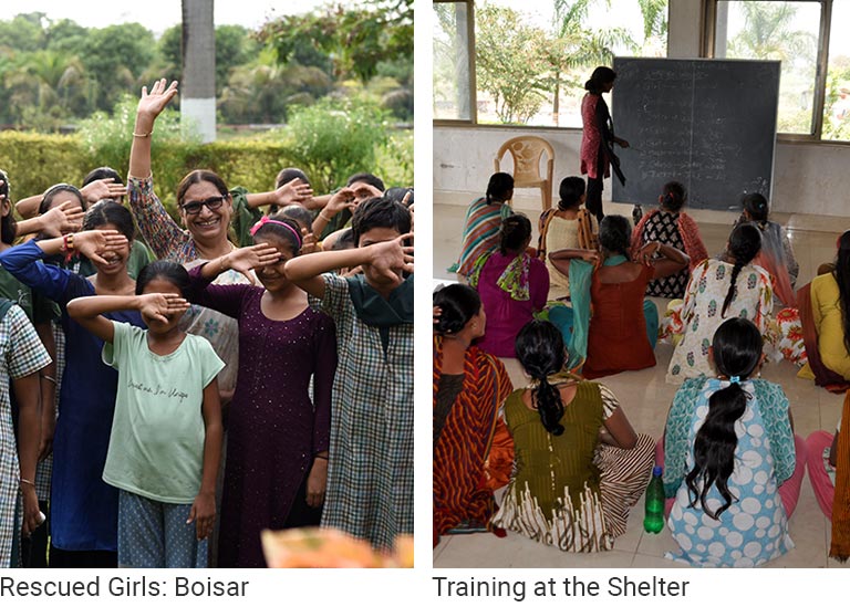 rescued girls standing in a group and coverimg their faces